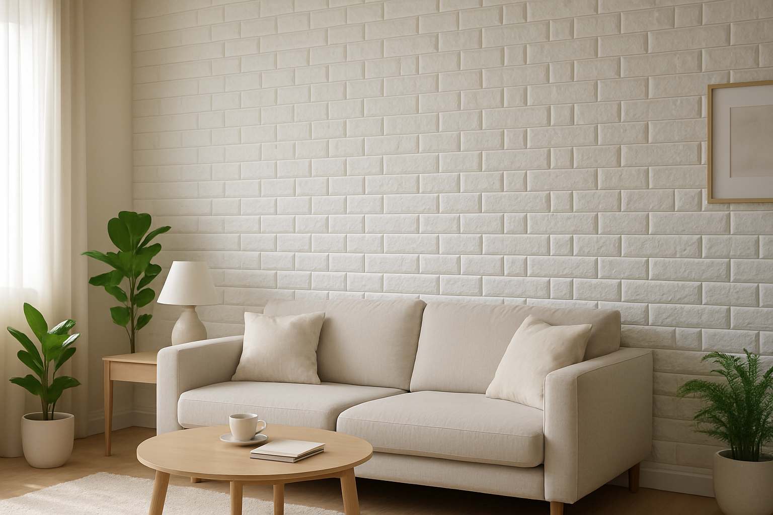A realistic, well-lit photograph of a modern living room. The main focus is a feature wall covered in 3D panels with a white brick texture. The room is decorated in a minimalist style with light furniture and plants, emphasizing a calm and cozy atmosphere. The product is the hero of the image, showcasing its decorative effect.