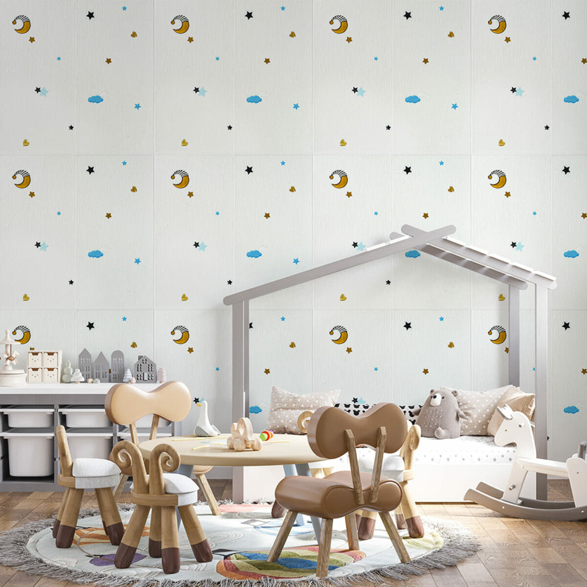 Панель стінова 3D 700х700х4мм Зірки та місяць на білому фоні SW-00001970