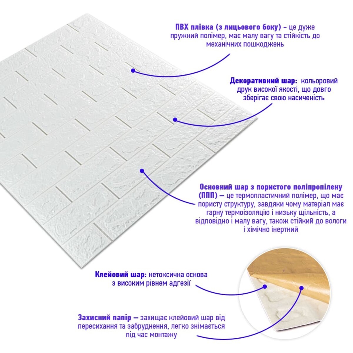 3D панель самоклеюча 700х770х5мм цегла Білий (001-5) SW-00000029