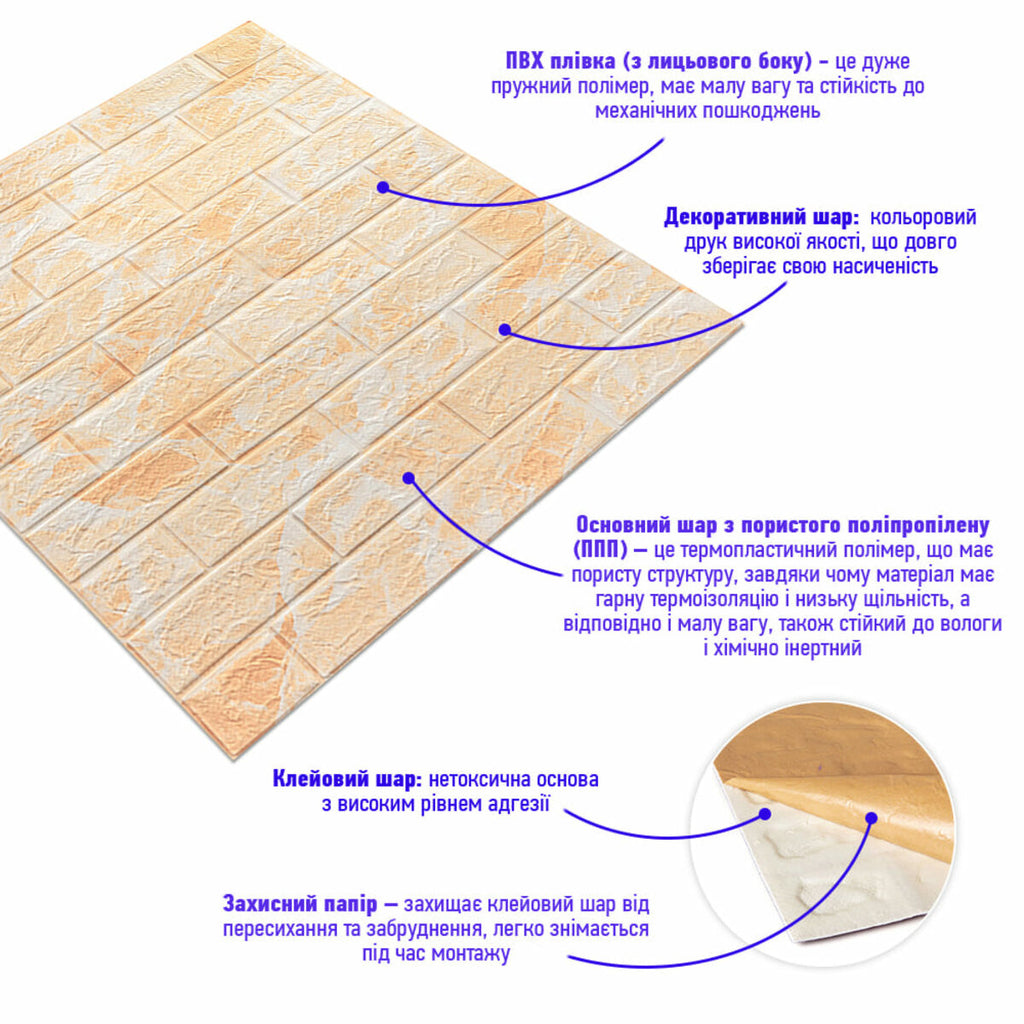 Декоративна 3D панель самоклейка 700х770х5мм Мармур бежевий(цегла) (062) HO-00000032