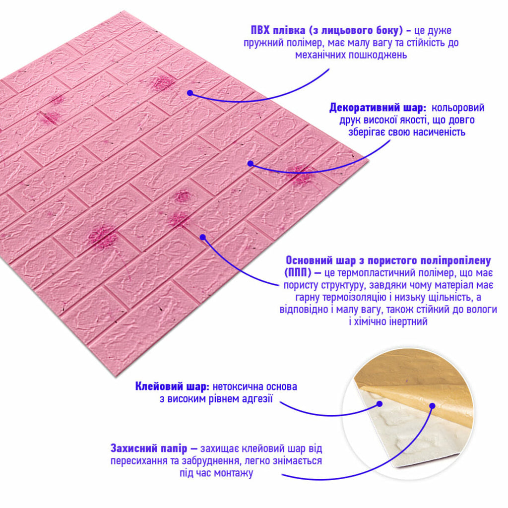 Декоративна 3D панель самоклейка 700х770х5мм Кульбабка (світло-рожевий цегла) (022) HO-00000023