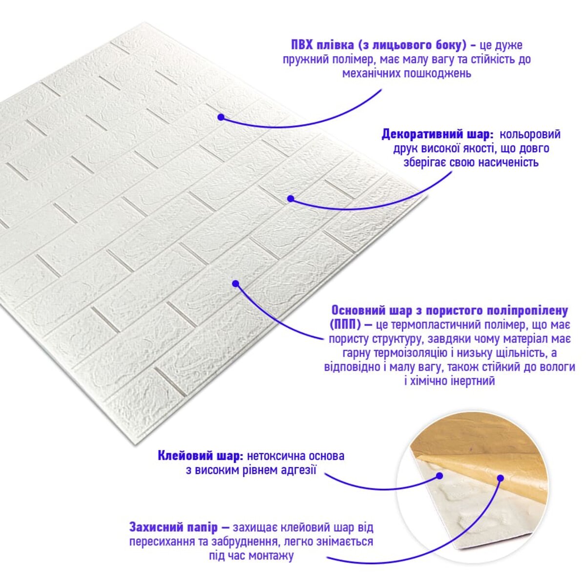 3D панель самоклеюча 700х770х3мм цегла Біла (001-3) HO-00000174