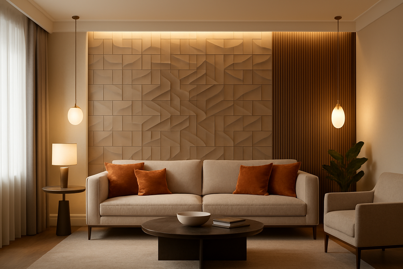 Сучасна елегантна вітальня після ремонту з акцентною стіною, прикрашеною 3D панелями та ПВХ плиткою. Мінімалістичний дизайн, теплі кольори, стильний диван і декоративне освітлення. Атмосфера затишку й елегантності, інтер’єр виглядає дорогим і гармонійним. Фокус на стіні з панелями, що створюють ефект трансформації простору. Фотореалістичне зображення, висока деталізація, студійне світло.