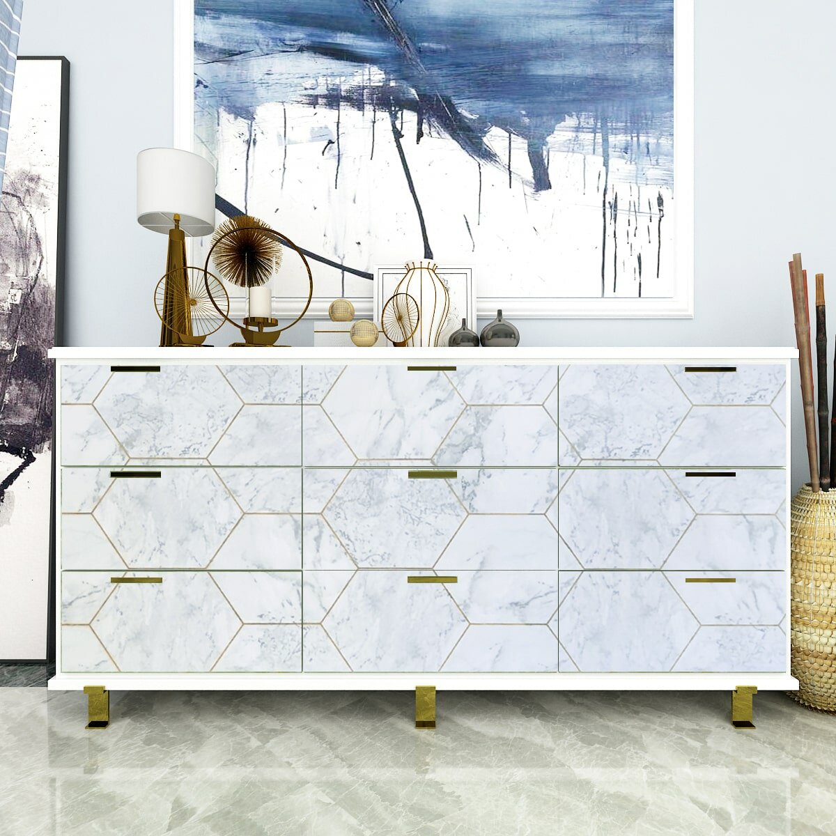 Самоклеюча плівка 0,45х10м х 0,07мм Сірий мармур золоті соти SW-00001212