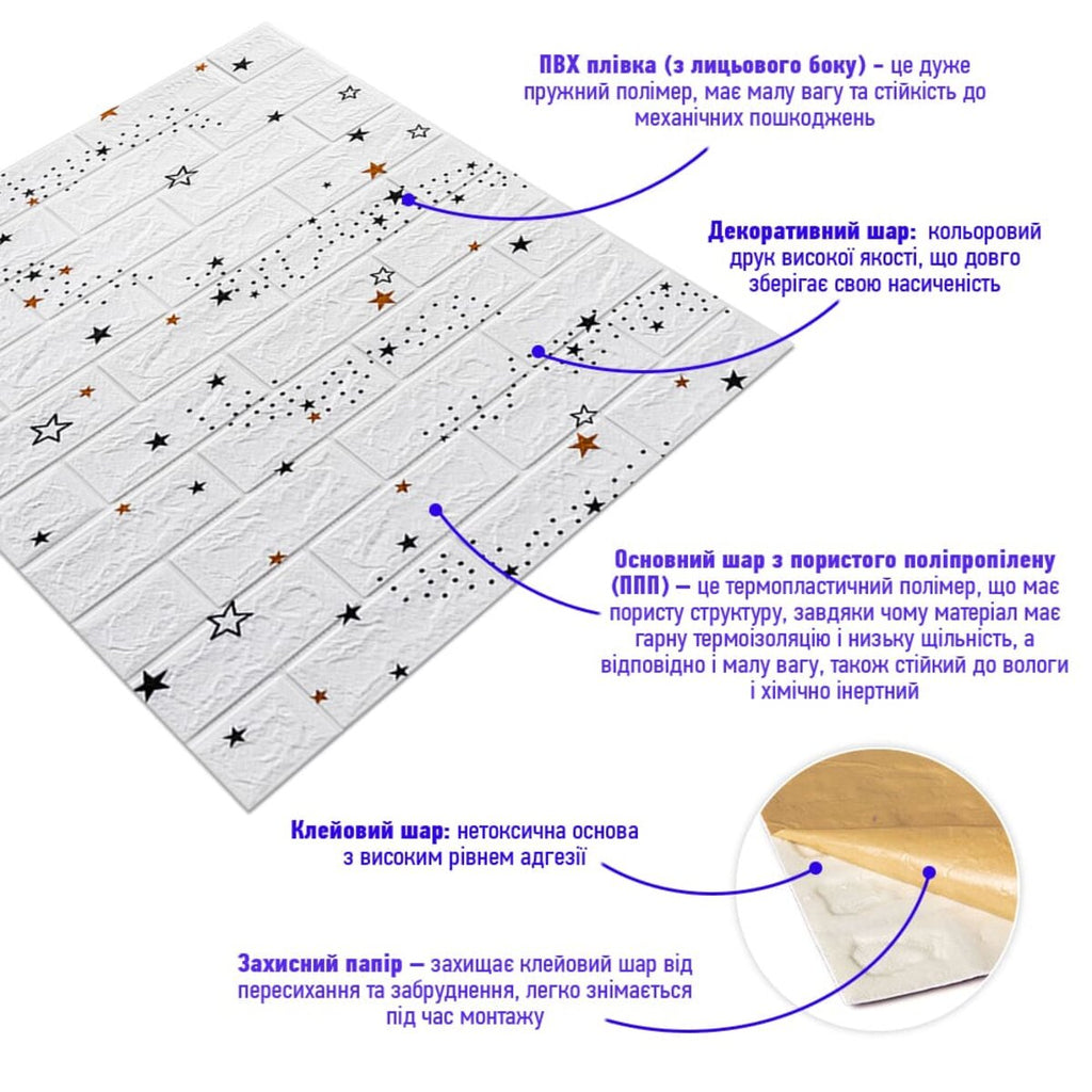 Декоративна 3D панель самоклейка 700х770х5мм Зірки (біла цегла) (021) HO-00000086