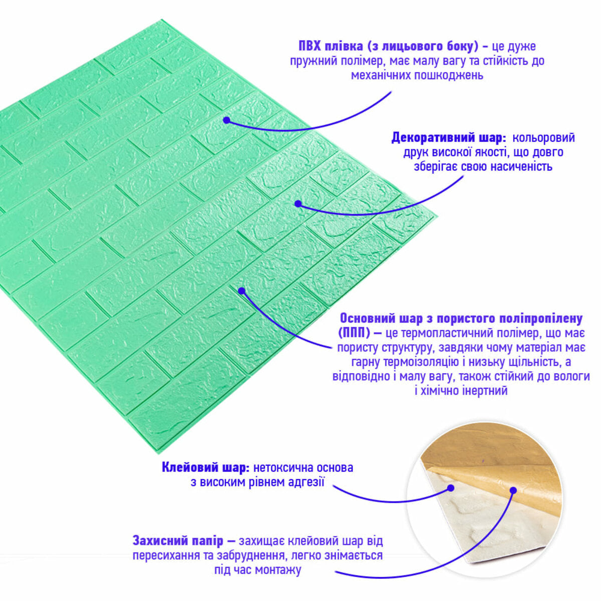 3D панель самоклеюча 700х770х3мм цегла М'ята (012-3) HO-00000233