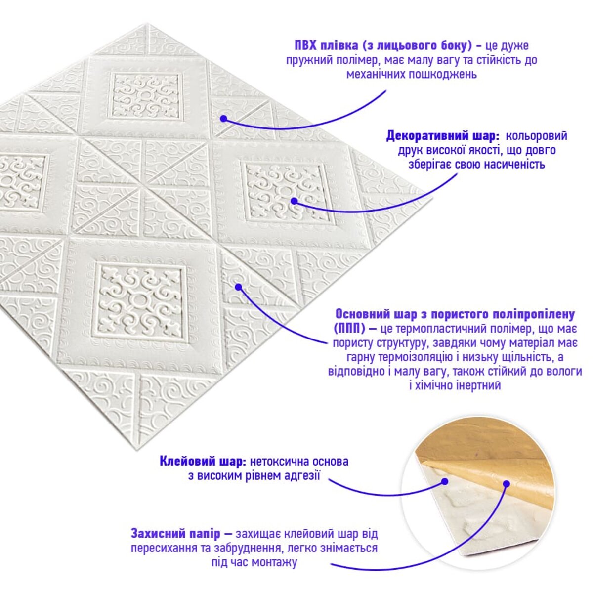 Самоклеюча декоративна настінно-стельова 3D панель вензеля в ромбі 700х700х5мм (374) HO-00000881