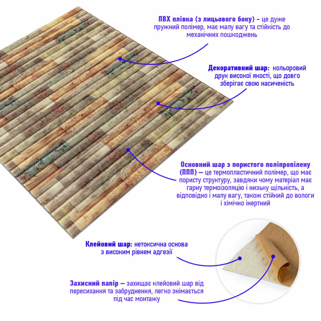 Самоклеюча декоративна 3D панель 700x700x8.5мм Мікс бамбук Кольоровий (073) HO-00000090