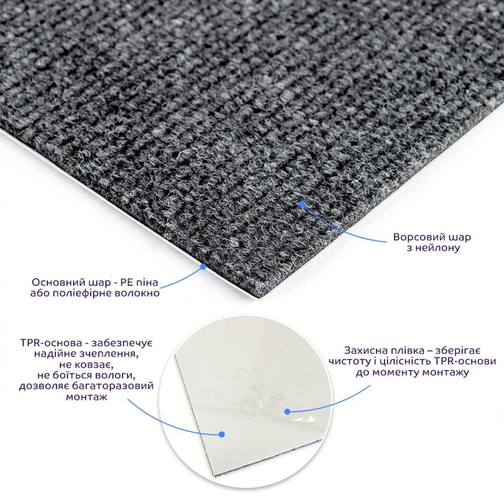 Плитка ковролінова з TPR основою багаторазова темно-сіра 300х300х4мм SW-00002801