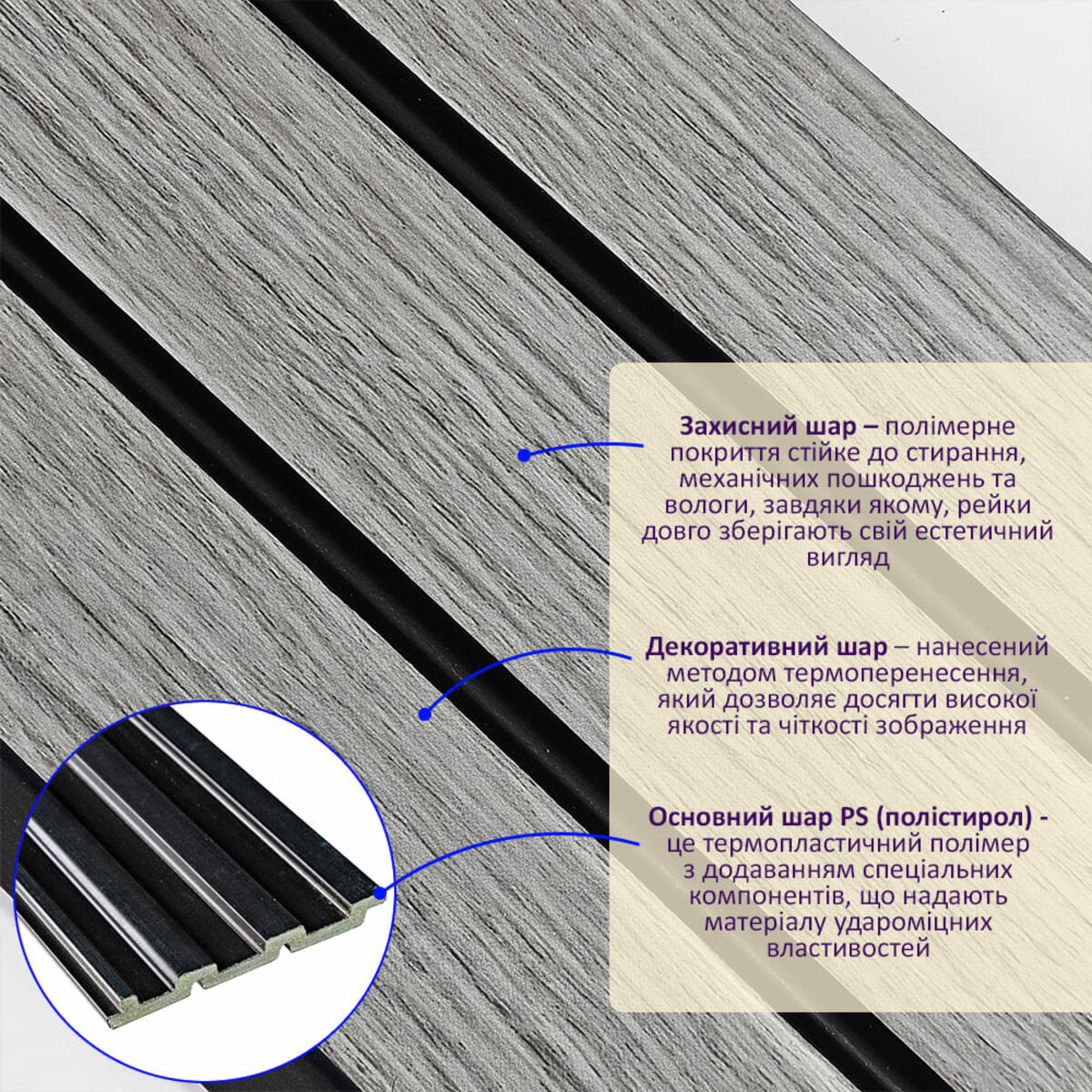 Рейка декоративна PS 2900х120х12мм Світло-сірий дуб SW-00001740