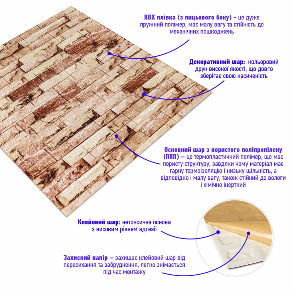 Самоклеюча 3D панель 700x770x5мм Бежева Катиринославська цегла HO-00001375