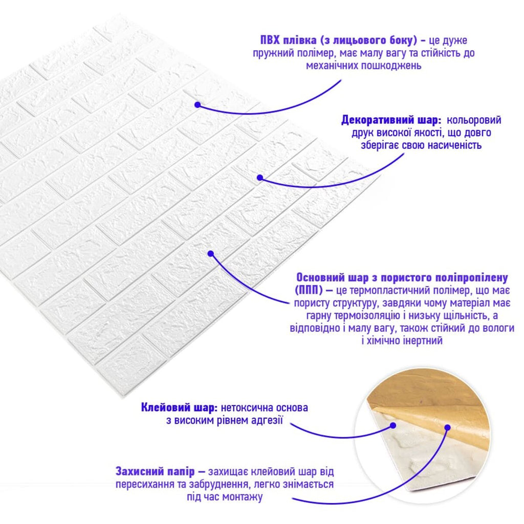 3D панель самоклеюча цегла 690х780х5мм Білий Матовий (001-5M) HO-00000587