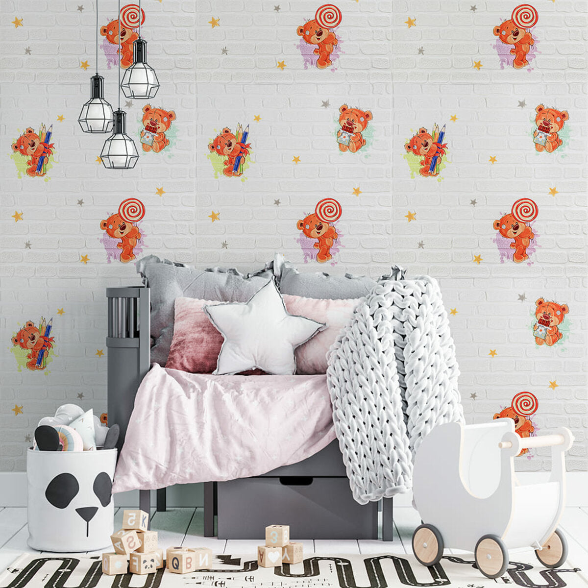 Панель стінова 3D 700х700х4мм Ведмедики на білому фоні SW-00001975