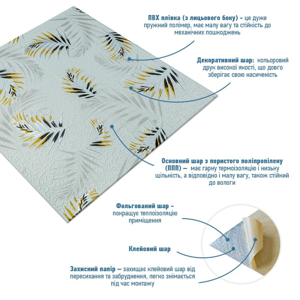 Панель стінова 3D 680х670х4мм Папороть на сірому фоні (D) SW-00001982