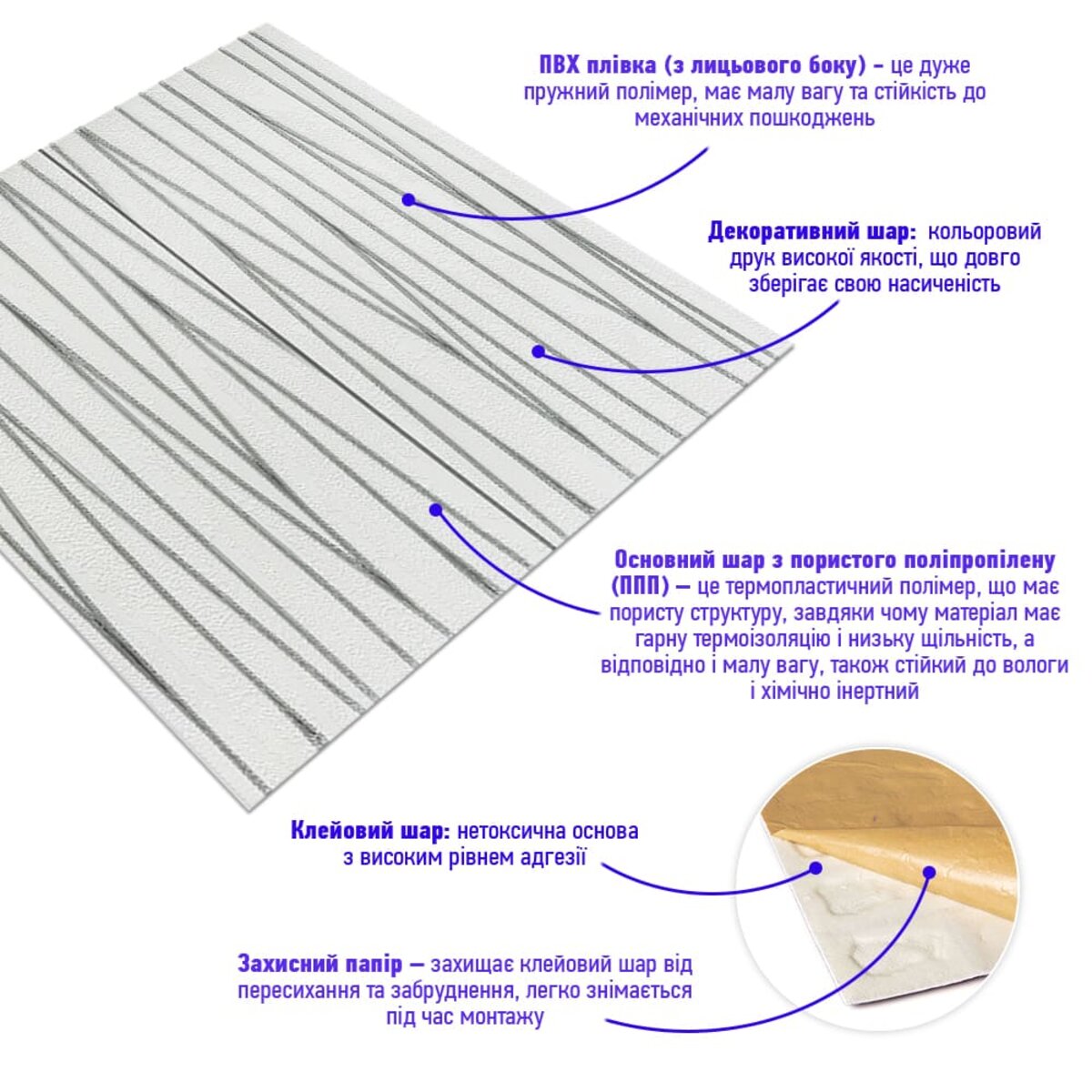 Самоклеюча 3D панель 700х700х5мм Срібні стрічки (441) HO-00001185