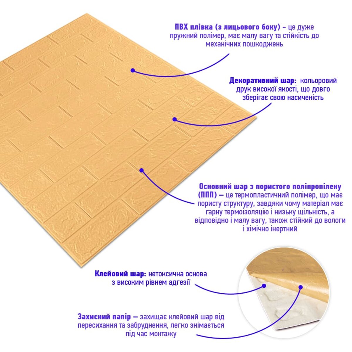 3D панель самоклеюча 700х770х3мм цегла Жовто-пісочна (009-3) HO-00000229